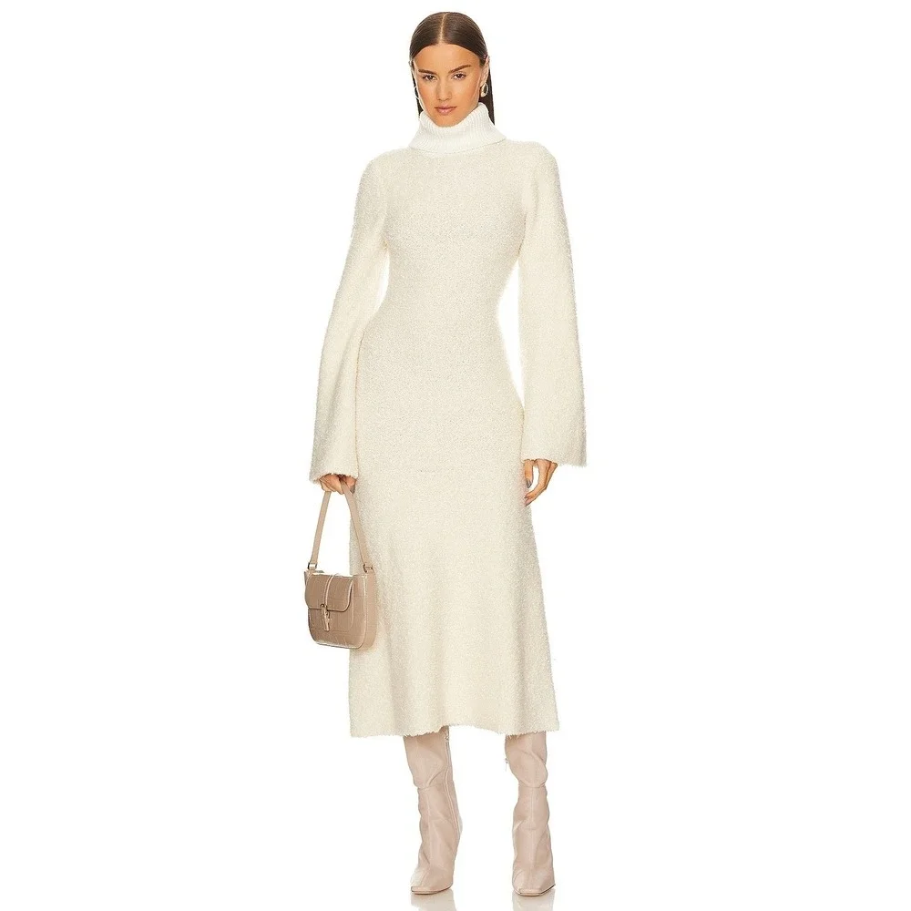 GRLFRND Size XS Ivory Maeko Boucle Thick Knit Midi Sweater Dress Bell Sleeve - Picture 4 of 10